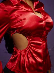 SHEIN SXY Halloween Cut Out Waist Button Front Satin Shirt Halloween Cut Out Waist Button Front Satin Shirt long sleeve - Red - View 6