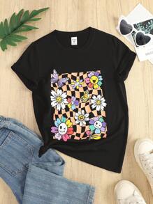 SHEIN Tween Girl Floral & Checker Print Tee