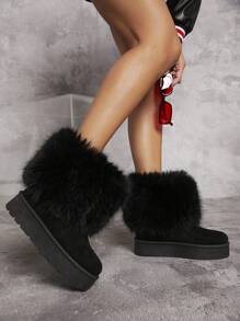 SHUZIA Women's Fuzzy Cuff Slip On Boots For Summer Shoes Spring Shoes Spring Break Easter For Christmas Valentine's Day - Black - View 6