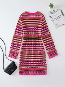 Teen Girl Wave Stripe Pattern Sweater Dress Without Belt - Multicolor - View 2