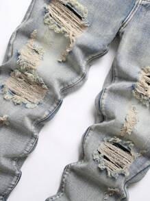 Men Ripped Frayed Bleach Wash Jeans - Medium Wash - View 5