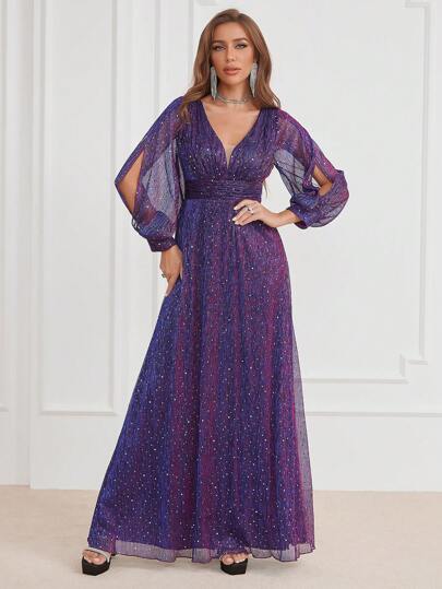 Split Sleeve Glitter Maxi Party Dress