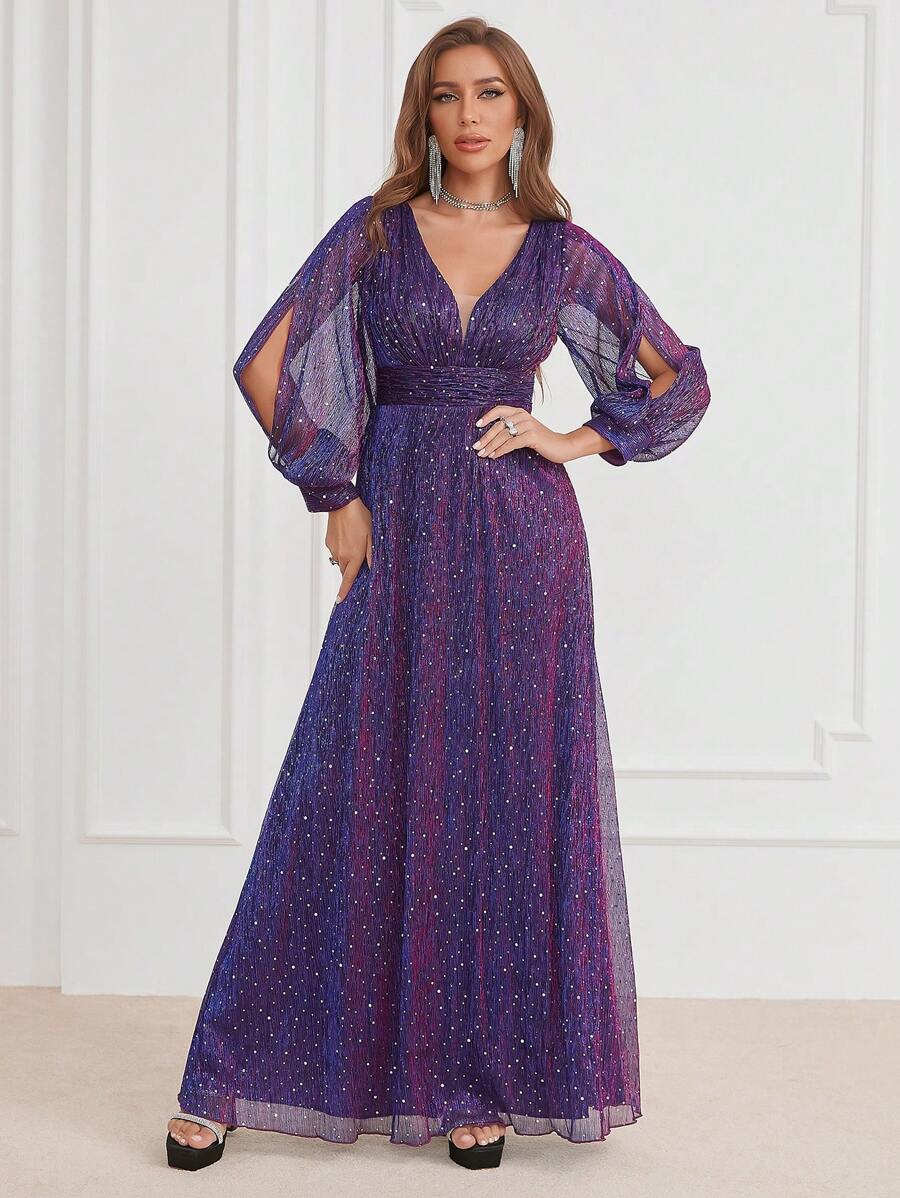 Split Sleeve Glitter Maxi Party Dress - Màu tím Violet - Xem 1