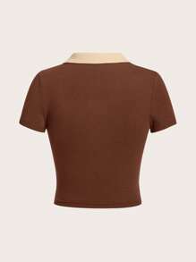 SHEIN EZwear 撞色领 T 恤 - 鏽棕色 - 查看 2