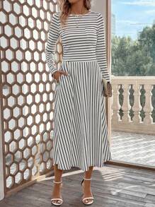 SHEIN LUNE Striped Print Tee & Slant Pocket Skirt - Black and White - View 3