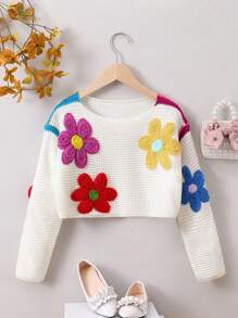 SHEIN Tween Girl Floral Patched Contrast Panel Waffle Knit Crop Sweater - White - View 1