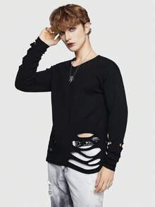 ROMWE MEN Goth Các bạn Chất rắn Rách Thả vai Áo len - màu đen - Xem 4