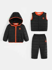 SHEIN 男嬰字母貼布撞色滾邊連帽夾克&背心和褲子 - 黑色 - 查看 1