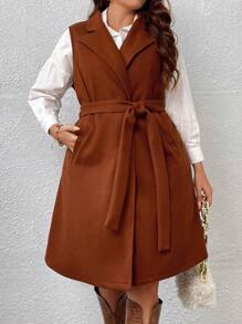Celure Plus Peak Lapel Belted Vest Overcoat - Coffee Brown - View 1