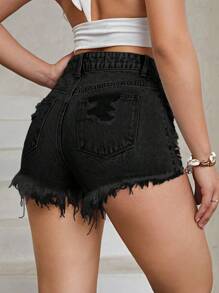 Quần short denim với các đường viền thô rách - màu đen - Xem 2