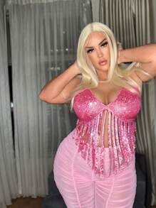 SHEIN SXY 大碼流蘇下擺後綁帶掛脖上衣 - 玫紅色 - 查看 3