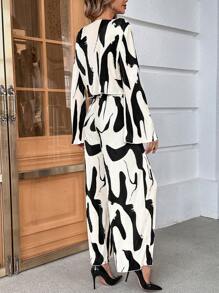 SHEIN Essnce 滿版印花喇叭袖褶皺上衣&闊腿褲 - 彩色 - 查看 2