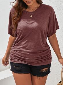 SHEIN Frenchy Tee-shirt À Manches Batwing Solides Et Froncées Avec Col Rond Et Fronces Pour Les Grandes Tailles