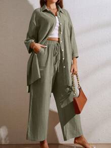 SHEIN LUNE 落肩袖下擺開叉襯衫&闊腿褲 - 軍綠色 - 查看 4