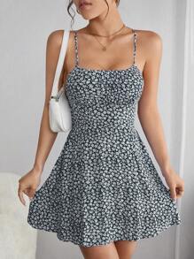 SHEIN PETITE In hoa Ditsy Thánh giá Không lưng Váy Dây - Màu xanh hải quân - Xem 3