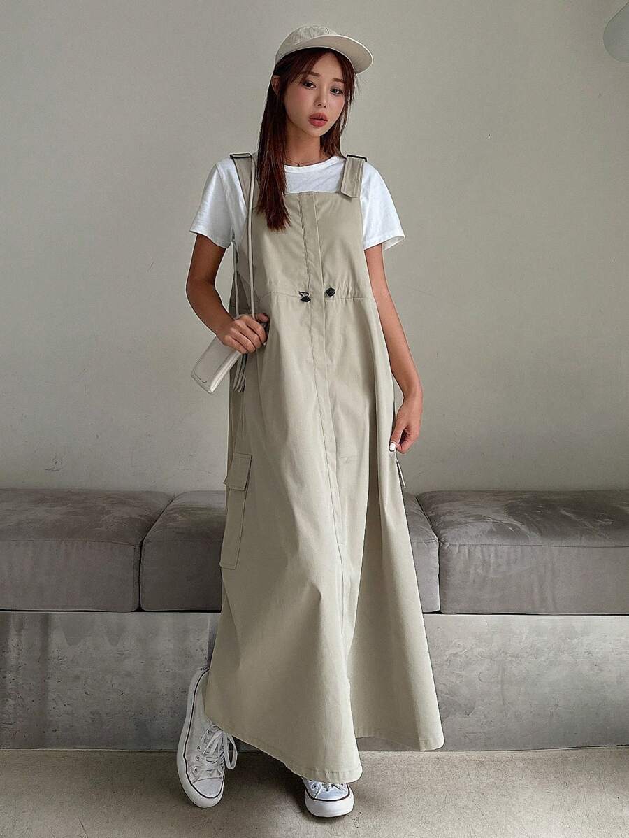 DAZY 素色腰部抽繩側口袋背帶裙不帶T恤 - 卡其色 - 查看 1