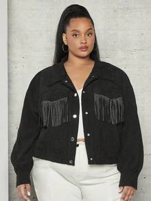 SHEIN CURVE+ Áo khoác nhung kẻ trễ vai có viền viền Plus - màu đen - Xem 3