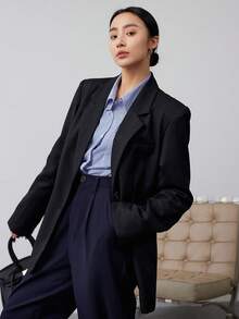 Lapel Neck Single Breasted Blazer - Black - View 6