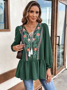 SHEIN LUNE Floral Print Tassel Tie Neck Flounce Sleeve Ruffle Hem Blouse - Green - View 7