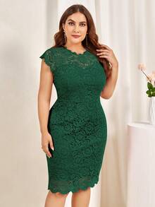 MIUSOL Vestido fiesta ajustado floral encaje completo ribete en abanico - Verde Oscuro - Ver 3