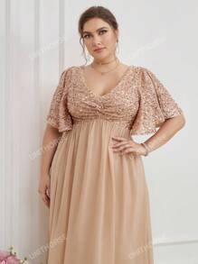 Robe de demoiselle d'honneur en mousseline de soie avec manches à sequins contrastés papillon, élégante