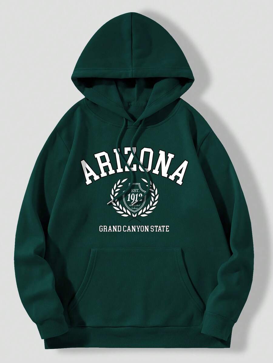 男士字母圖案袋鼠口袋抽繩保暖連帽衫 - 墨綠色 - 查看 1