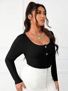 SHEIN Essnce Plus Half Button Ribbed Knit Bodysuit, For Winter - Black - View 5