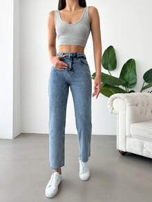 Cottnline Raw Hem Cropped Straight Leg Jeans - Light Wash - View 4