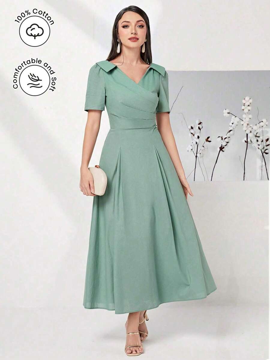 Modelyn 100% Cotton Solid Surplice Neck Dress - Mint Green - View 1