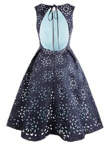 ANGEL FASHIONS 素色鏤空後拉鏈傘狀洋裝 - 藍色 - 查看 2