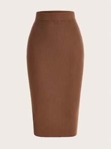 SHEIN EZwear 秋冬素色针织铅笔裙优雅 - 棕色 - 查看 3