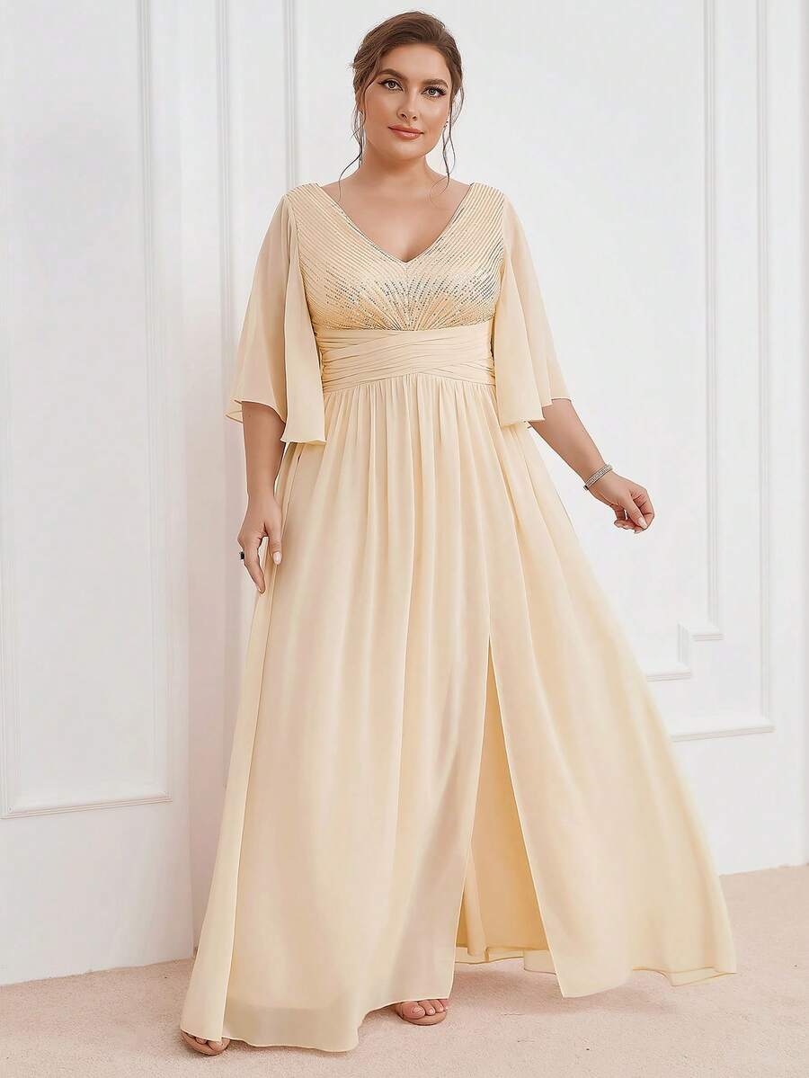 Hơn Tương phản Sequin Tách đùi Chiffon Váy phù dâu - Màu be - Xem 1