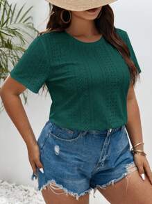 SHEIN Frenchy Plus Solid Eyelet Embroidery Tee