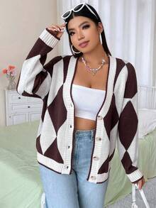 Flirla Hơn Họa tiết Argyle Thả vai Áo len Mở - Nhiều màu - Xem 5