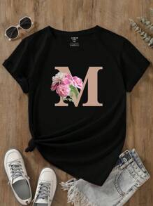 INAWLY Plus Floral And Letter Graphic Tee - Black - View 1