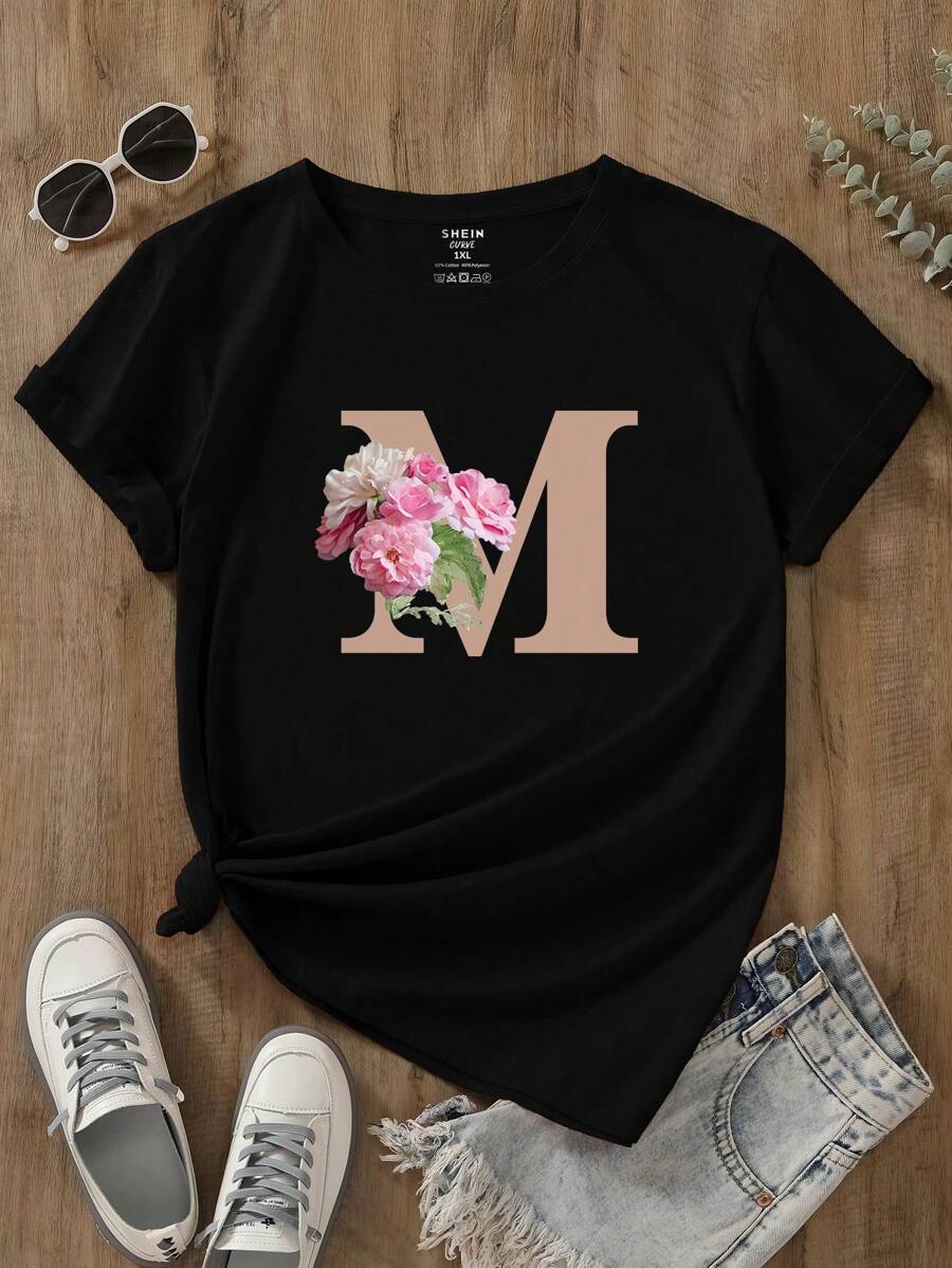 INAWLY Plus Floral And Letter Graphic Tee - Black - View 1