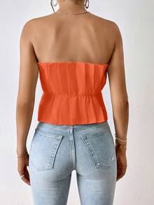 SHEIN Privé 素色百褶抹胸上衣 - 橘色 - 查看 2