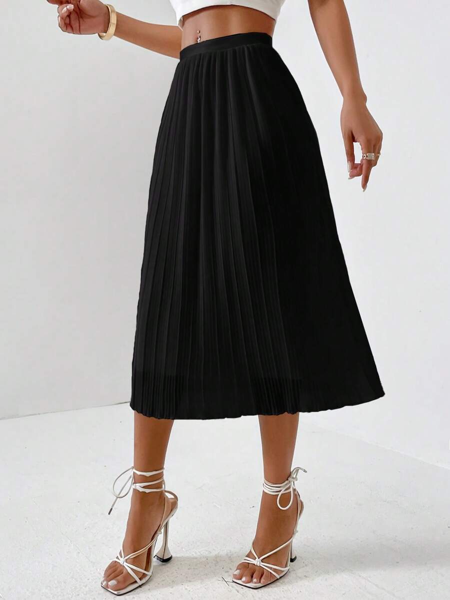 SHEIN Privé Falda unicolor bajo fruncido - Negro - Ver 1