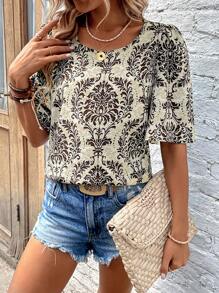 SHEIN Holidaya Allover Print Puff Sleeve Blouse - Coffee Brown - View 5