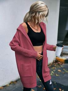 SHEIN LUNE Cárdigan de plumero con patrón de letra con doble bolsillo de hombros caídos con capucha - Rosa - Ver 5