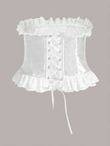 後背繫帶荷葉邊緞面塑身上衣 - 白色 - 查看 7