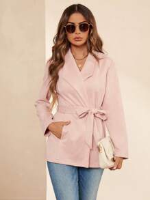SHEIN Clasi Solid Belted Open Front Coat - Baby Pink - View 4