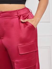 SHEIN SXY Plus Flap Pocket Side Wide Leg Pants - Watermelon Pink - View 4