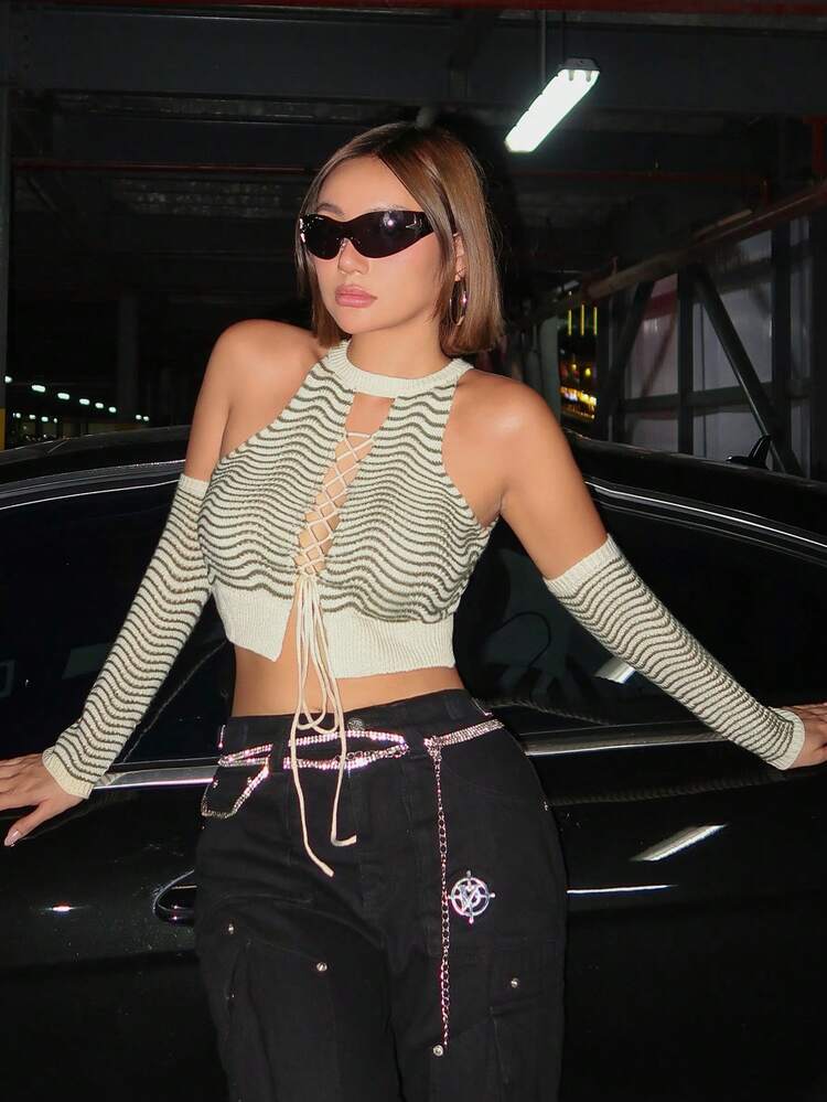 Striped Pattern Lace Up Front Crop Knit Club Top With Arm Sleeves