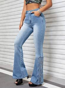 SHEIN ICON Ren Up Side Quần ống loe - Rửa trung bình - Xem 4