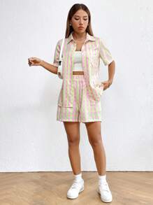 Flirla Gingham Print Shirt & Shorts