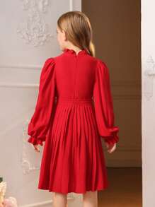 SHEIN Cô gái Tween Cổ diềm tay áo lá sen Viền xếp Váy có thắt lưng - Đỏ - Xem 2