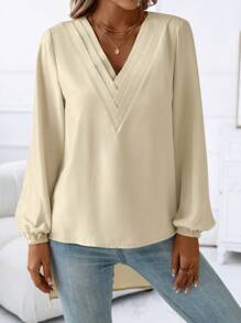 SHEIN Clasi 素色V領燈籠袖襯衫 - 杏色 - 查看 4