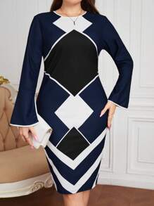 SHEIN Clasi 大碼幾何印花荷葉袖緊身洋裝 - 彩色 - 查看 1