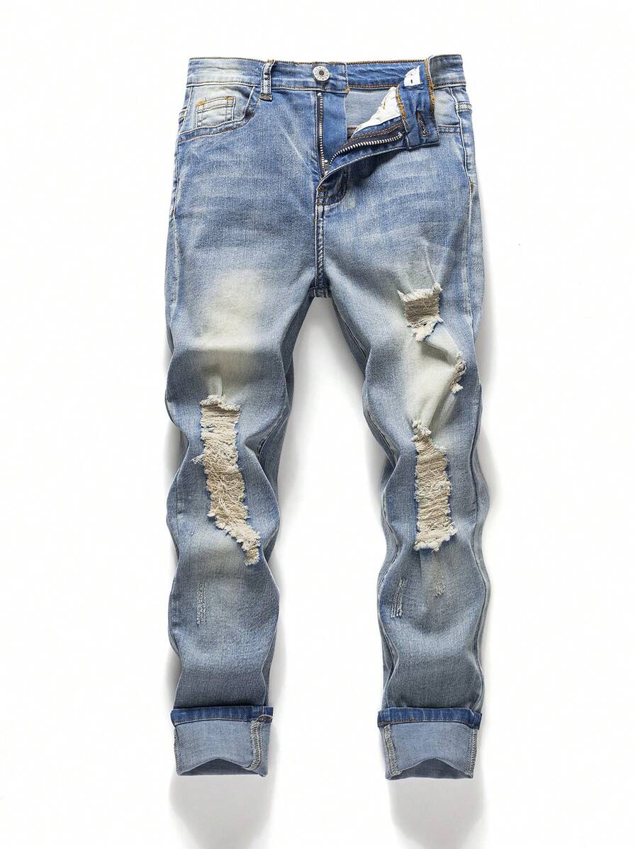 SHEIN Explorewe Tween Boy Casual Ripped Distressed Denim Jeans, School, Campus, College Summer Holiday - Light Wash - View 1